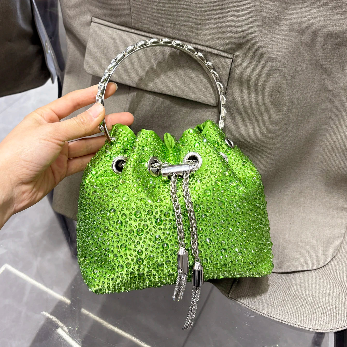 Crystal Bucket Evening Bag (Green Pink) | OWNLUXE