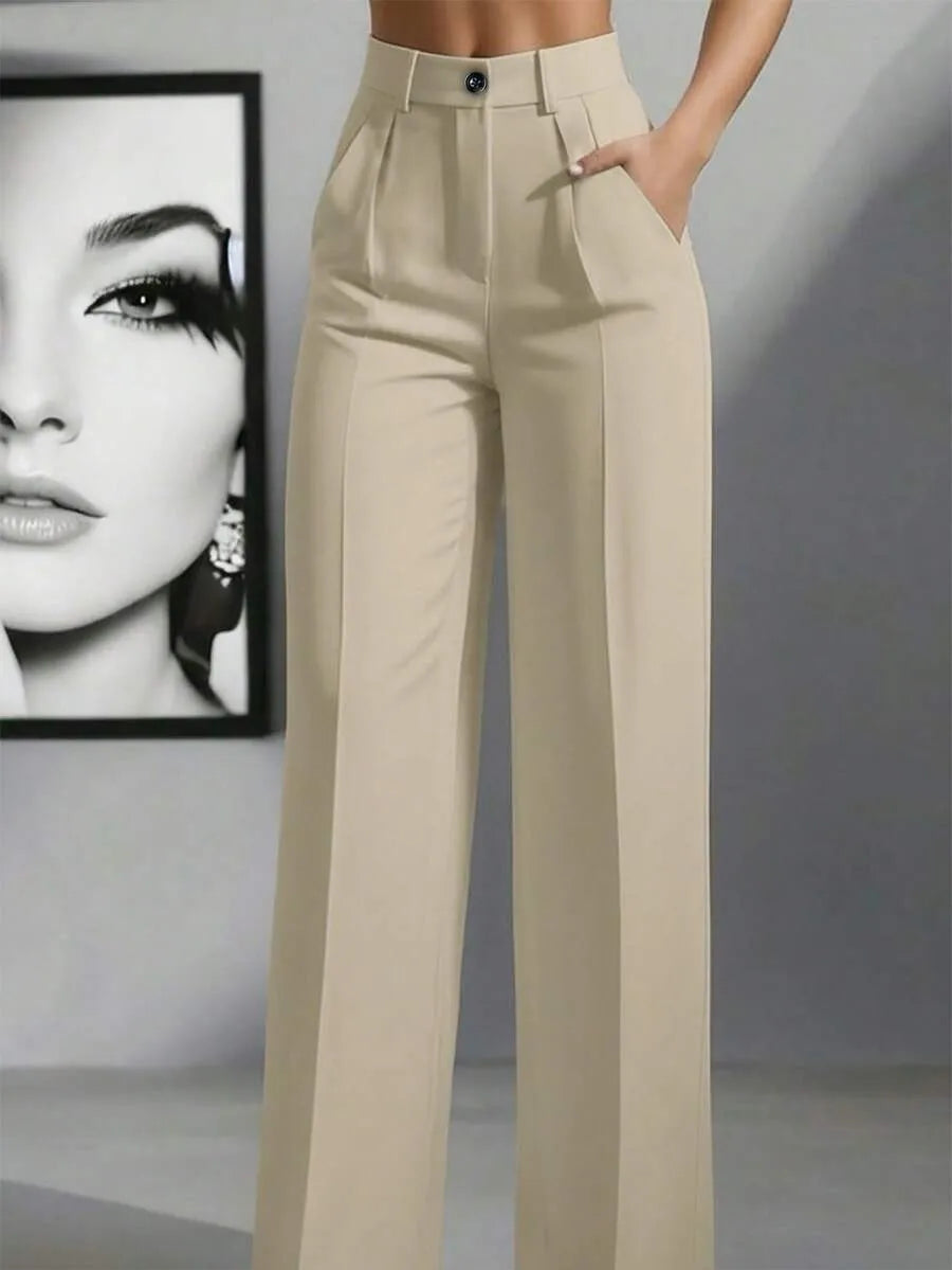 Women's High Waist Work Trousers - Casual Loose Fit Pants with Pockets