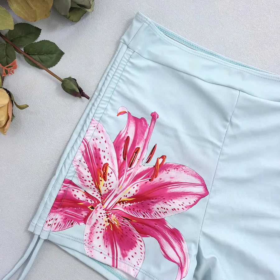 Light Blue Flower Print Tankini Set | OWNLUXE