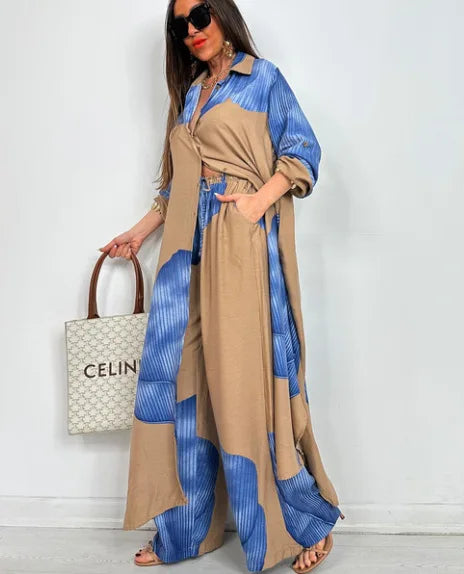 Women’s Printed Long Shirt & Pants Set – Loose Spring/Summer