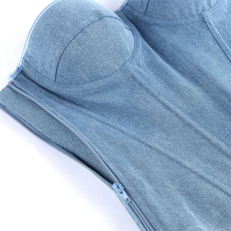 Zip-Up Lace Denim Overbust Top | OWNLUXE