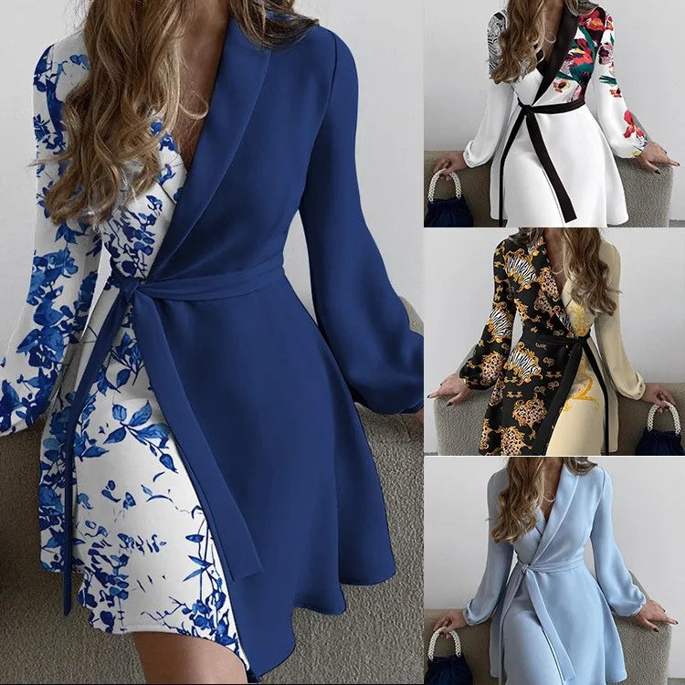 Print A-Line Dress with Lace-Up Detail - V-Neck Long Sleeve | OWNLUXE