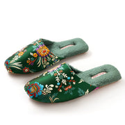 Plush Embroidered House Slippers with Rubber Sole