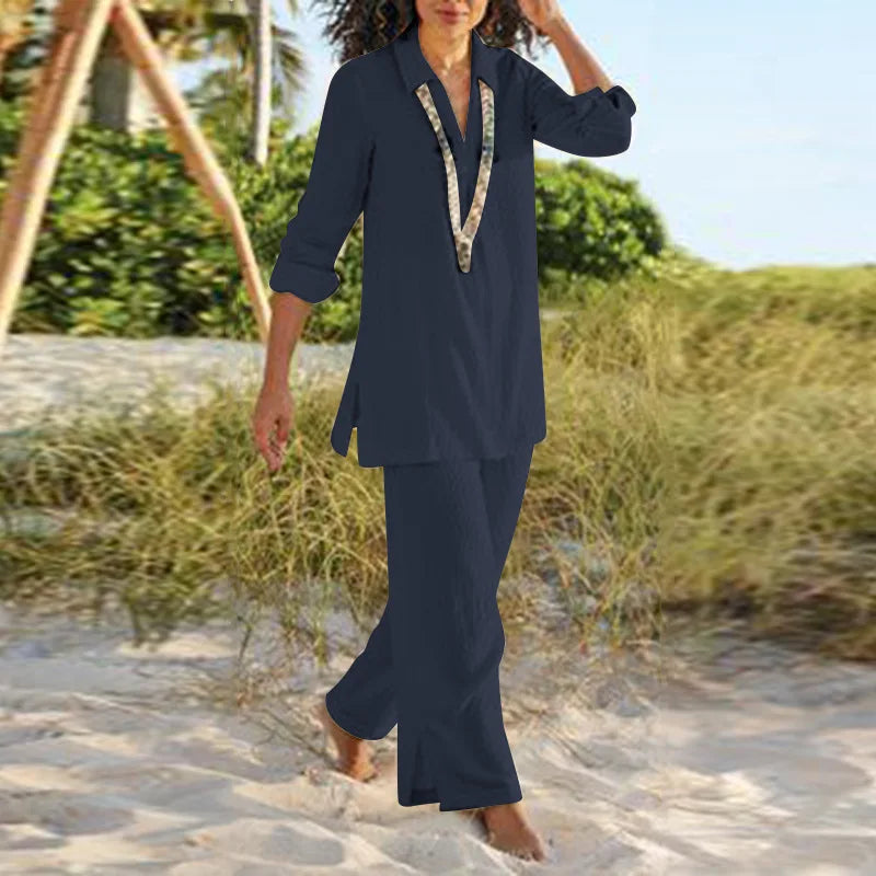 Cotton Linen 2-Piece Outfit Set - Casual V-Neck Shirt & Pants | OWNLUXE