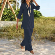 Cotton Linen 2-Piece Outfit Set - Casual V-Neck Shirt & Pants | OWNLUXE