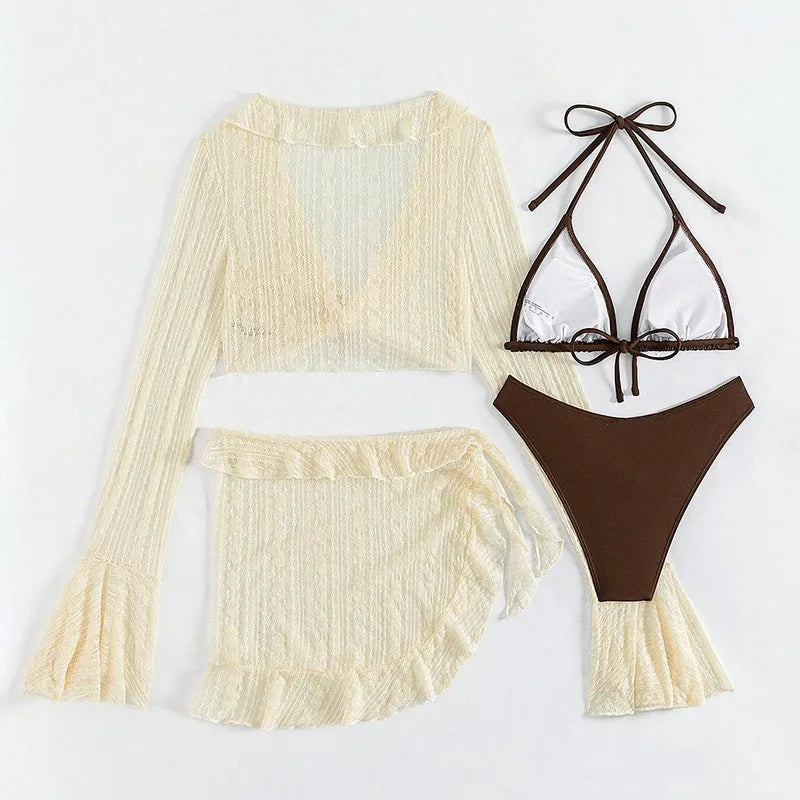 Ruffle Cropped Lace Long-Sleeve Swim Cover-Up | OWNLUXE