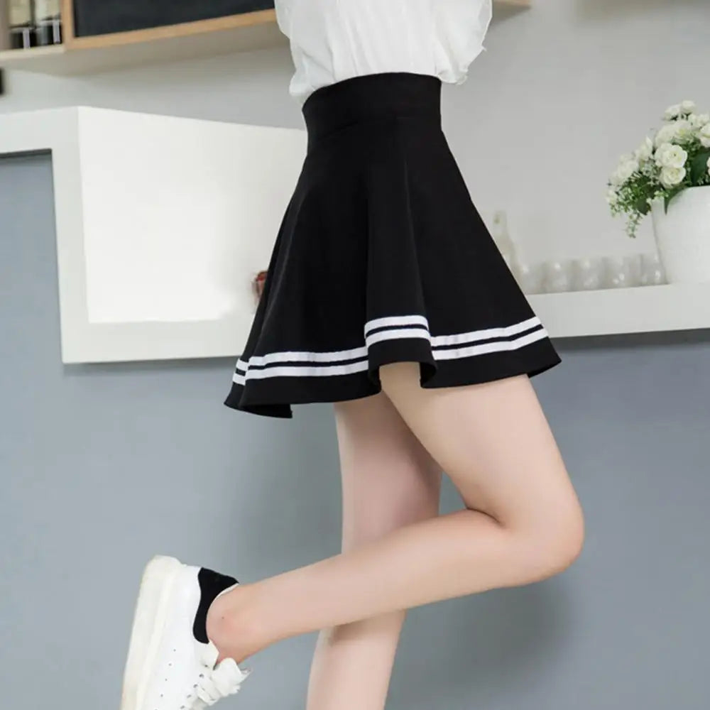 Trendy High Waist Stripe Pleated A-Line Mini Skirt – Slim Fit for Casual & School Wear