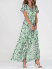 Beach Holiday Chiffon Midi Dress V-Neck Long Sleeve Casual Loose | OWNLUXE