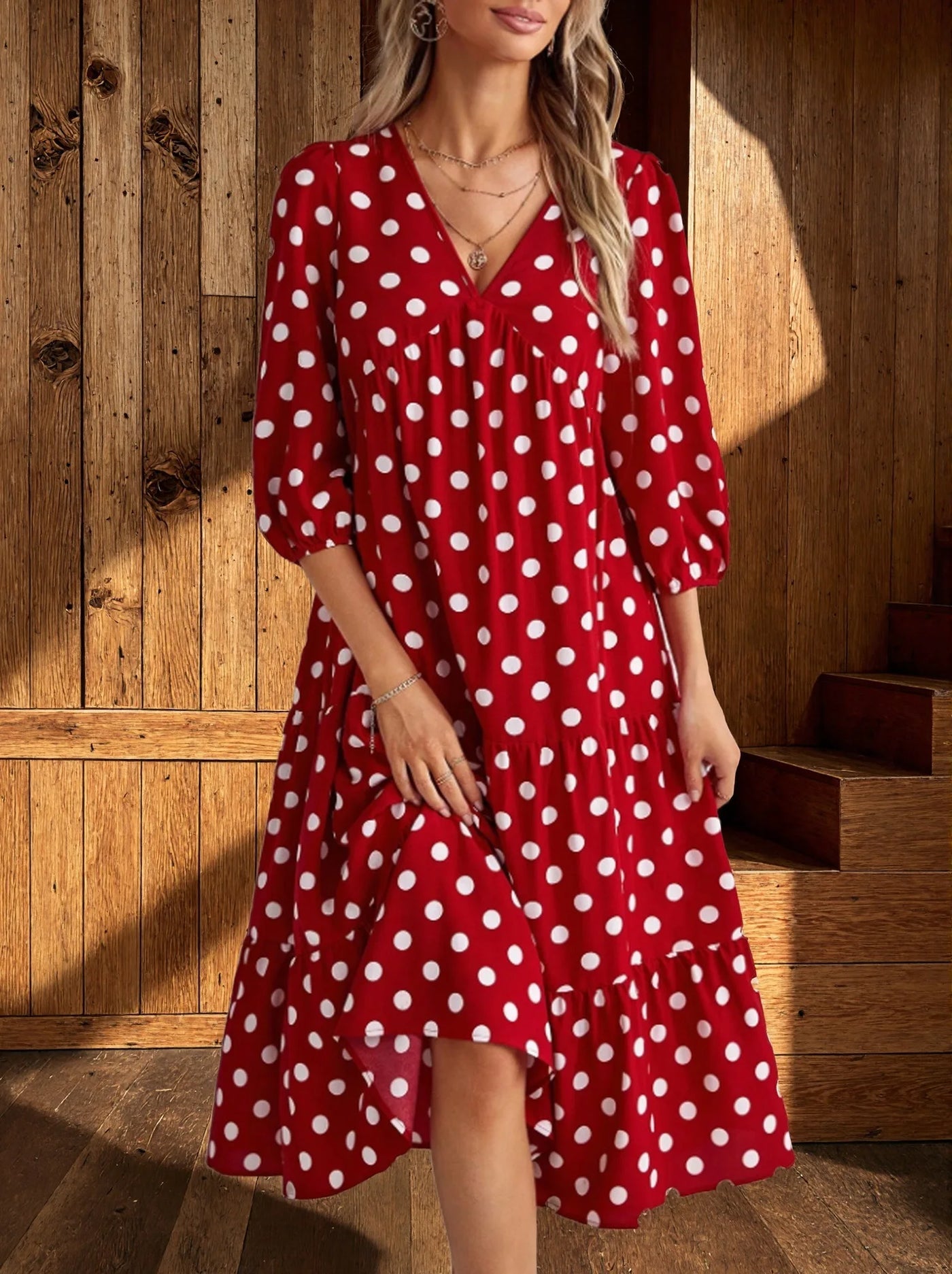 Puff-Sleeve Polka Dot V-Neck Midi Dress | OWNLUXE