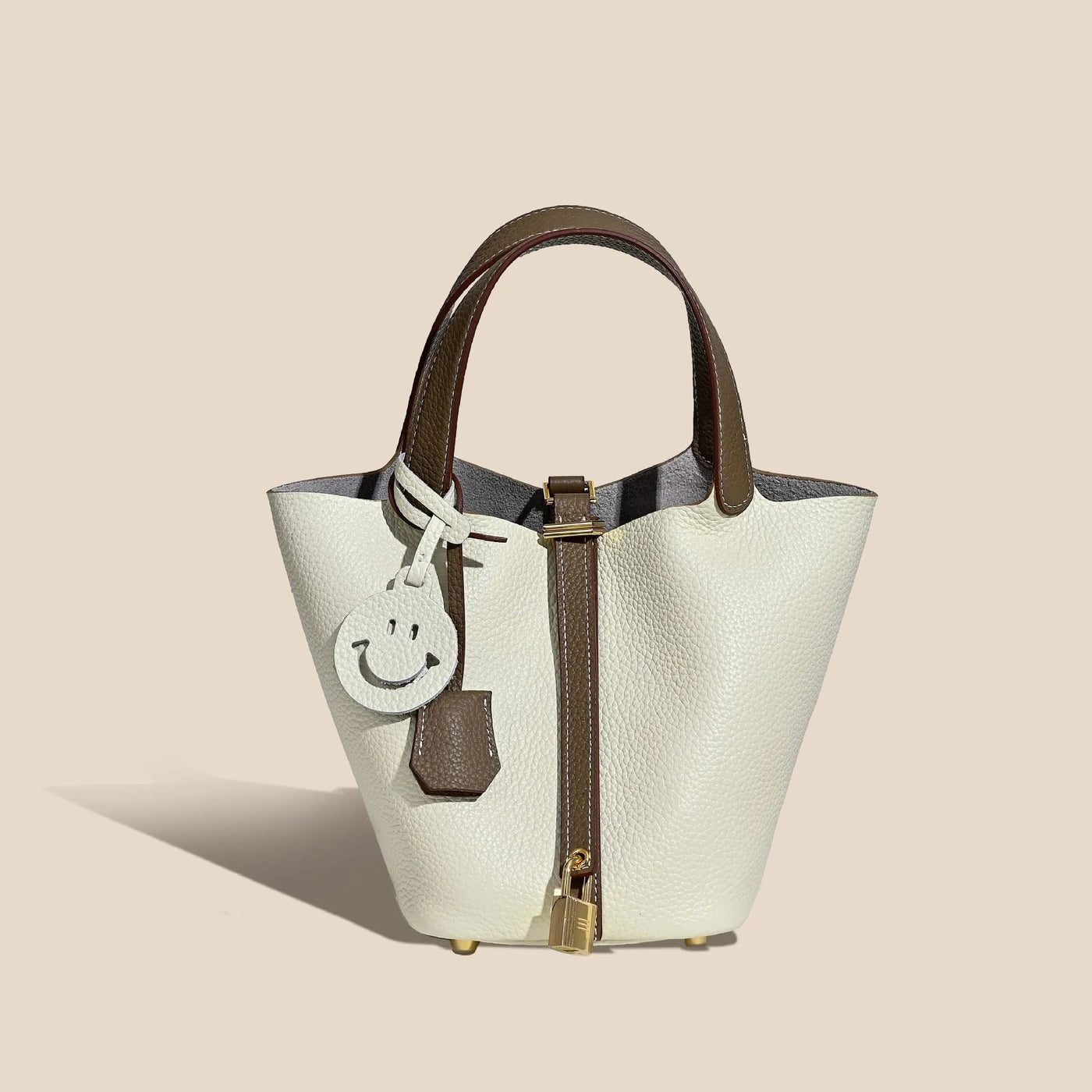 Genuine Cowhide Leather Bucket Bag - Fashion Lock Handbag with Phone Pocket | OWNLUXE