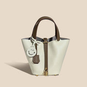Genuine Cowhide Leather Bucket Bag - Fashion Lock Handbag with Phone Pocket | OWNLUXE