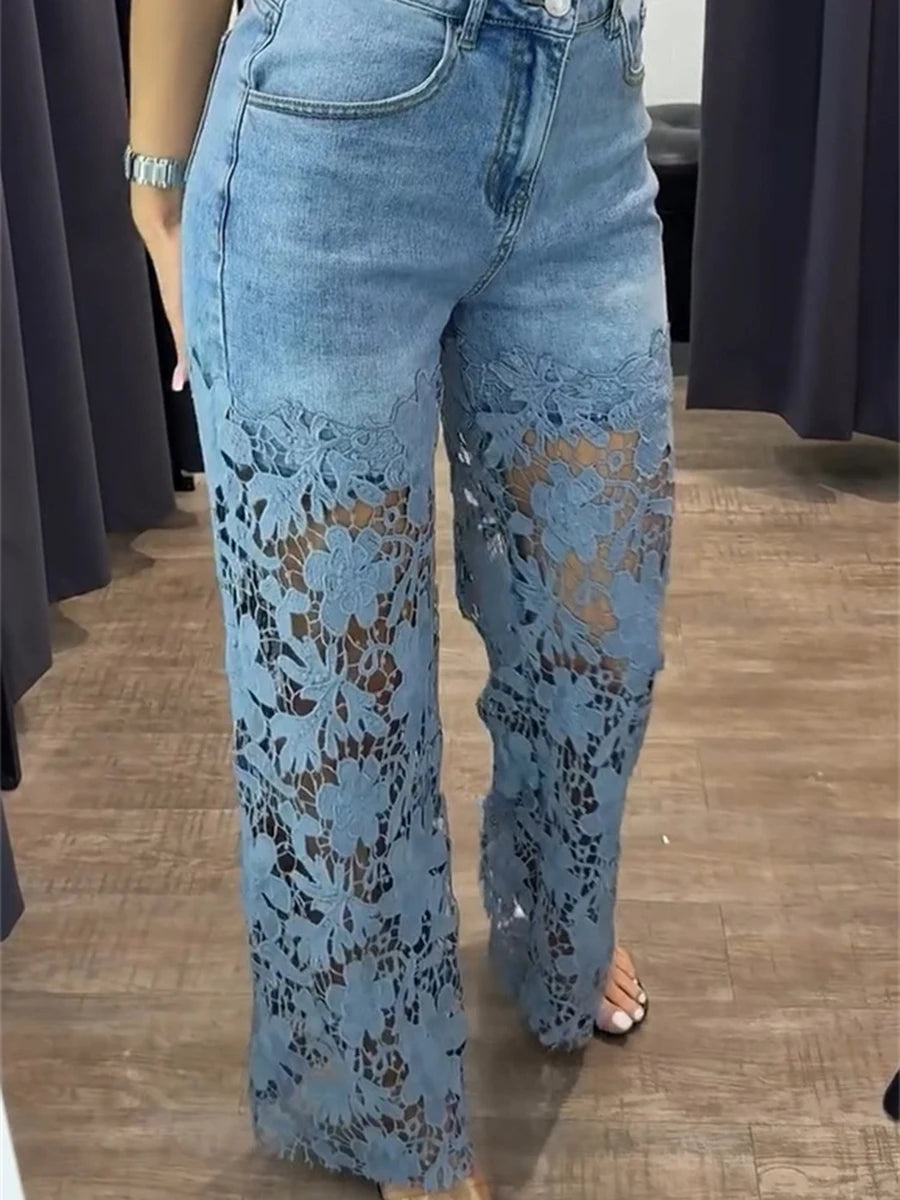 VGH Hollow Out Denim Pants - High Waist Slimming Trousers