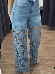 VGH Hollow Out Denim Pants - High Waist Slimming Trousers