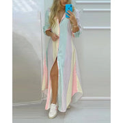Bohemian Striped A-Line Knit Dress – Ankle-Length Elegance