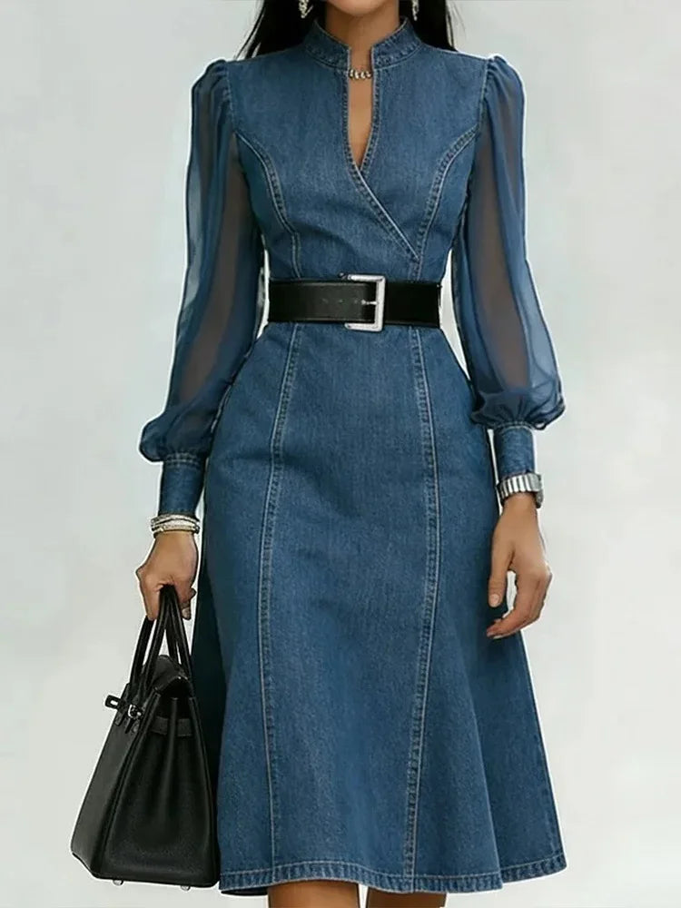 Maxi Denim A-Line Long-Sleeve Dress | OWNLUXE