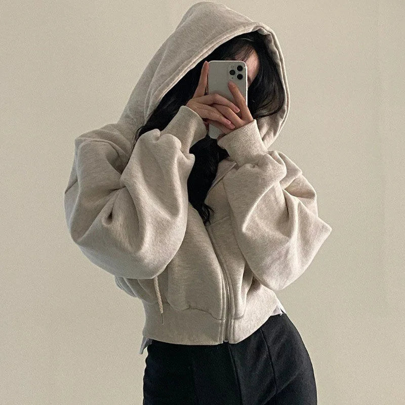 Hooded Zip-Up Long-Sleeve Cropped Jacket | OWNLUXE