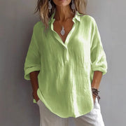 Turn-Down-Collar Relaxed Long-Sleeve Cotton Linen Blouse | OWNLUXE