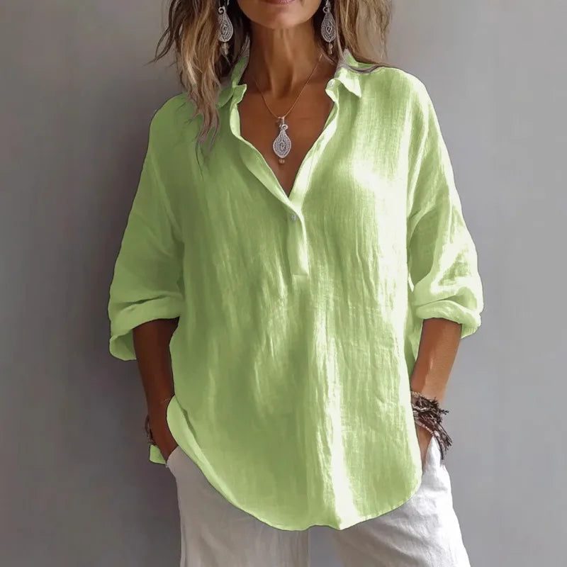 Cotton-Linen Relaxed-Fit Long-Sleeve Blouse | OWNLUXE