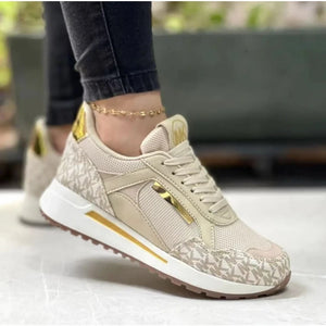 Women's Patchwork Lace-Up Sneakers – Waterproof Mid-Heel Comfort | Baskets à lacets patchwork imperméables pour femme – Talon moyen confortable