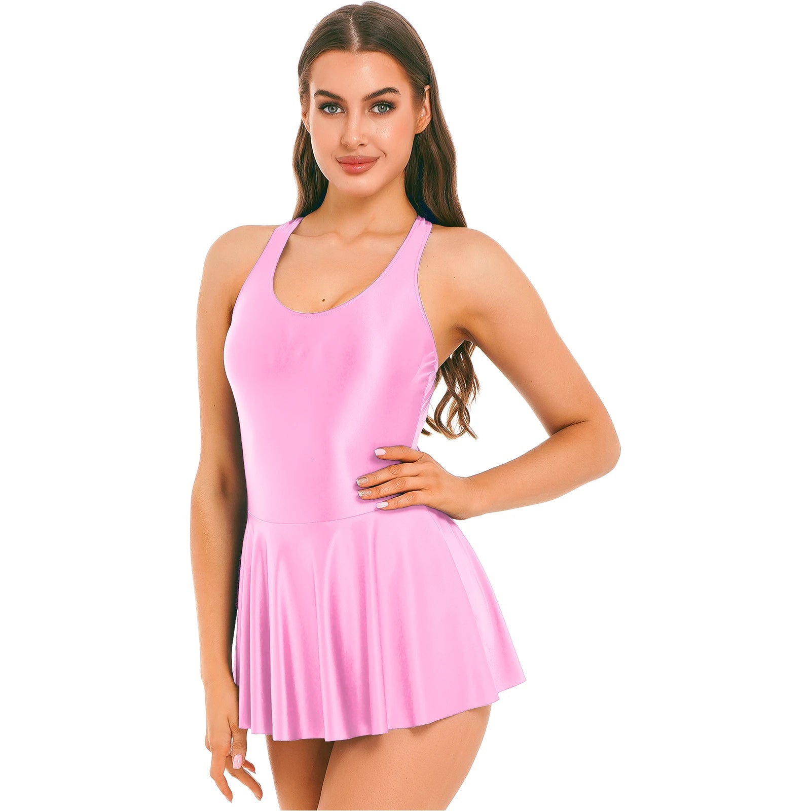 Women's Swimsuit U Neck Leotard Dresses Sportswear Swimwear Glossy Tank Dress One-Piece Sleeveless Yoga Ballet Dance Costume
