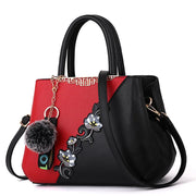 Embroidered PU Leather Shoulder Bag – Structured Frame Tote with Floral Details