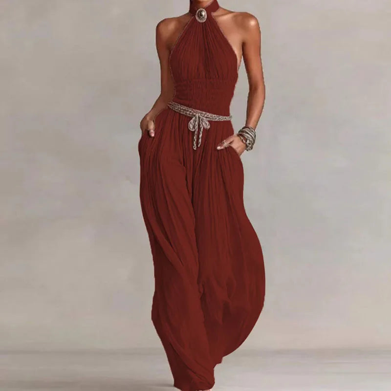 Boho Halter Backless Pleated Jumpsuit | OWNLUXE