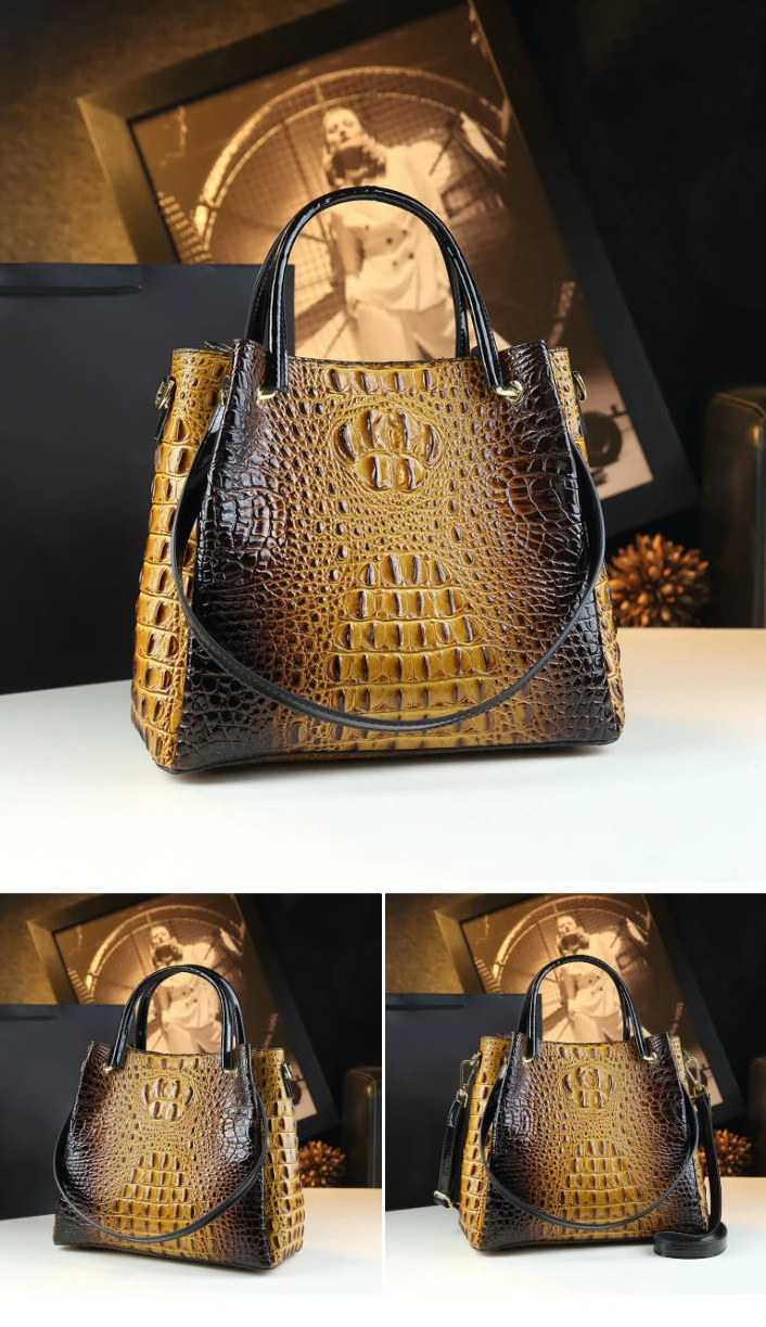 Genuine Leather Crocodile Print Tote - 2025 Trend Bucket Bag