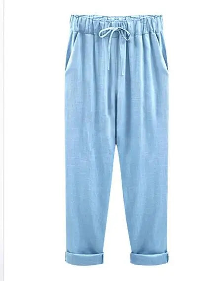 Cotton Linen Pants - Elastic Waist Ankle Length Casual Trousers