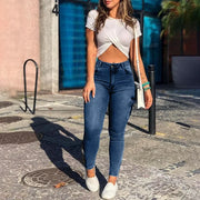 Women’s High-Waisted Skinny Jeans – Coated, Distressed