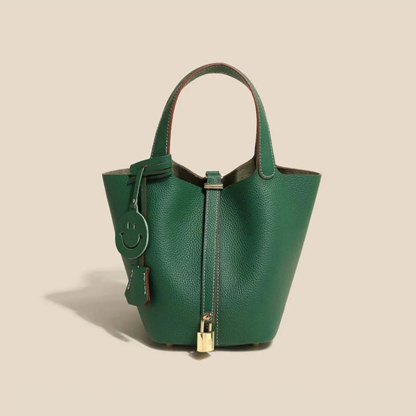Genuine Cowhide Leather Bucket Bag - Fashion Lock Handbag with Phone Pocket | OWNLUXE