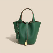 Genuine Cowhide Leather Bucket Bag - Fashion Lock Handbag with Phone Pocket | OWNLUXE