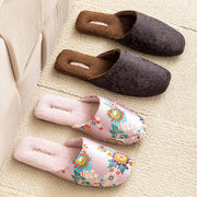 Plush Embroidered House Slippers with Rubber Sole