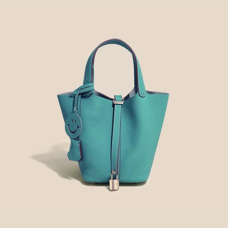 Genuine Cowhide Leather Bucket Bag - Fashion Lock Handbag with Phone Pocket | OWNLUXE