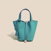 Genuine Cowhide Leather Bucket Bag - Fashion Lock Handbag with Phone Pocket | OWNLUXE