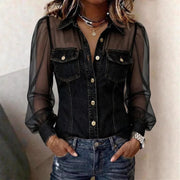 Puff-Sleeve Denim Mesh Blouse | OWNLUXE