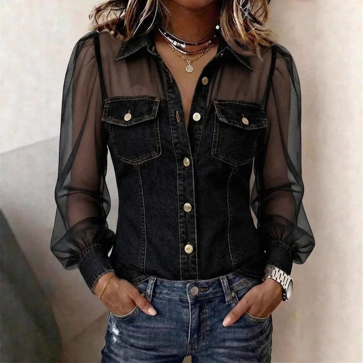 Women's Mesh Denim Vintage Top | OWNLUXE
