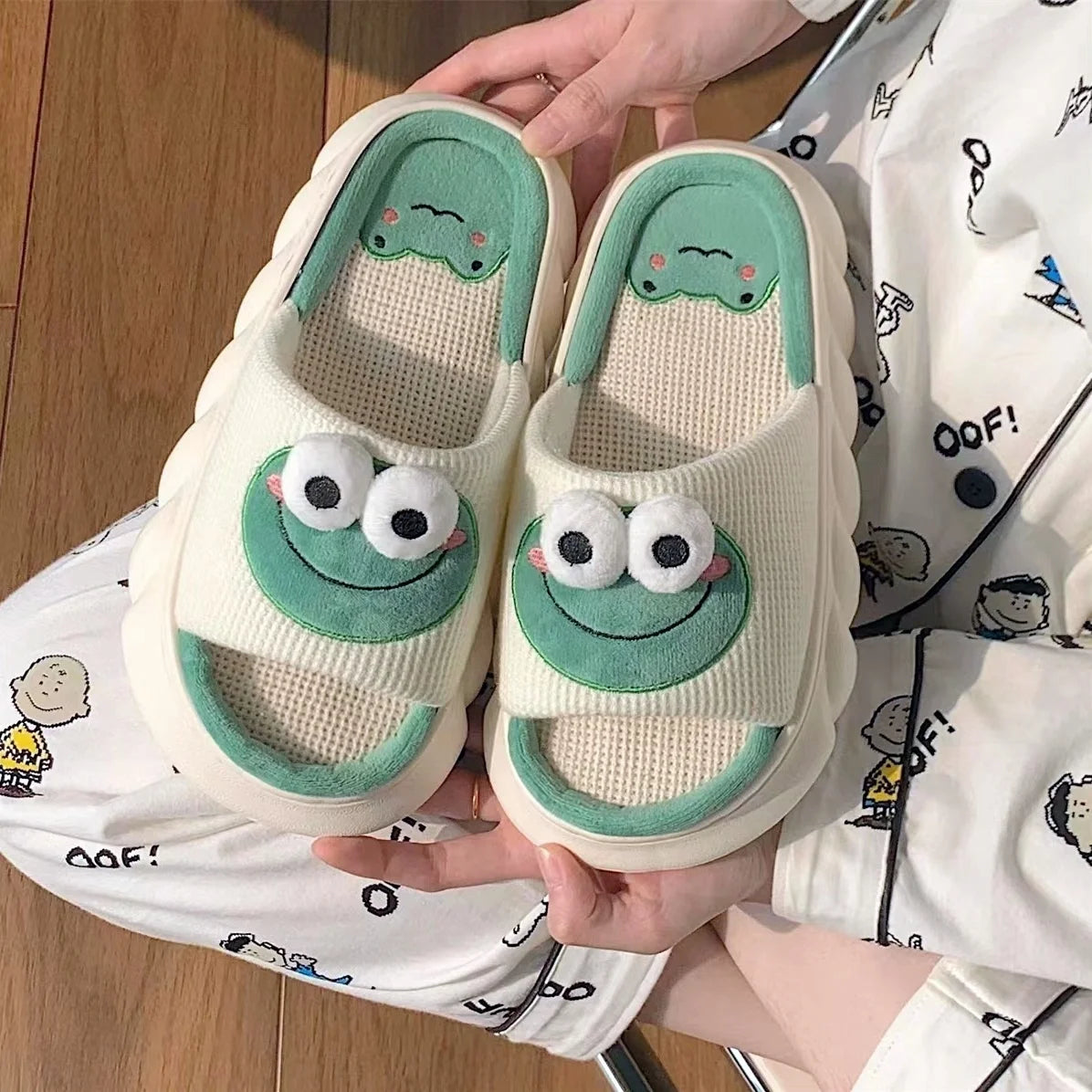 Four Seasons Linen House Slippers with Cute Cartoon Design