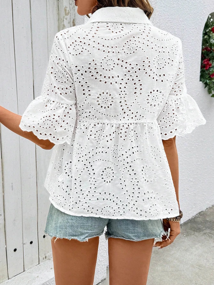 Embroidered Short-Sleeve Ruffle Cutout Blouse | OWNLUXE