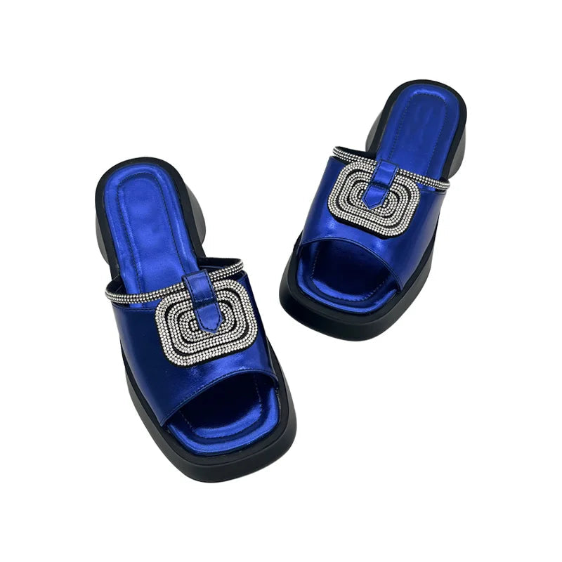 Women’s Mid Heel Slide Sandals – Cushioned Mixed-Color