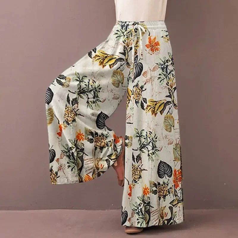 Women's Floral Print Wide Leg Pants - Bohemian Drawstring Trousers