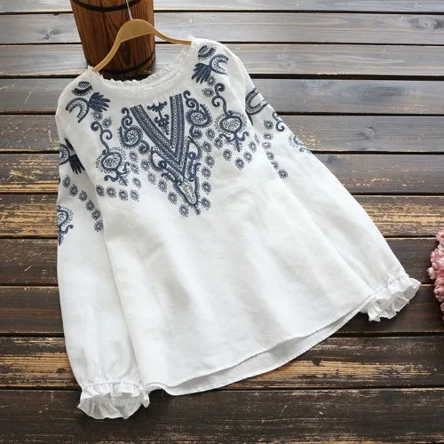 Embroidered Long-Sleeve Cotton Blouse | OWNLUXE