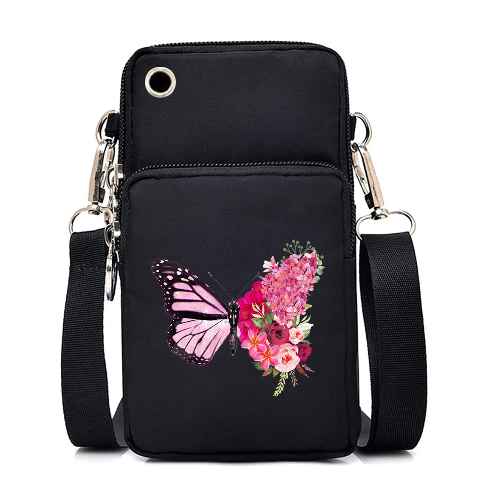 Mini Nylon Phone Crossbody Bag – Butterfly Print Neck Pouch with Zipper