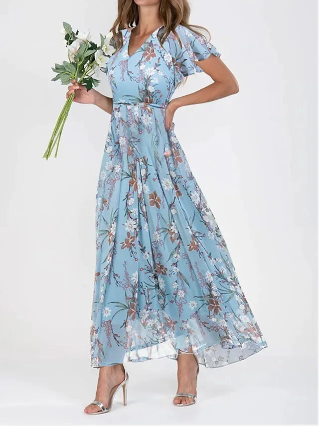 Beach Holiday Chiffon Midi Dress V-Neck Long Sleeve Casual Loose | OWNLUXE