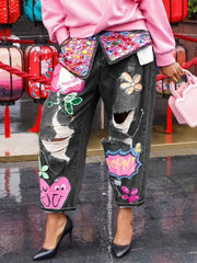 Floral Embroidery Rhinestone Jeans - High Waist Beaded Denim