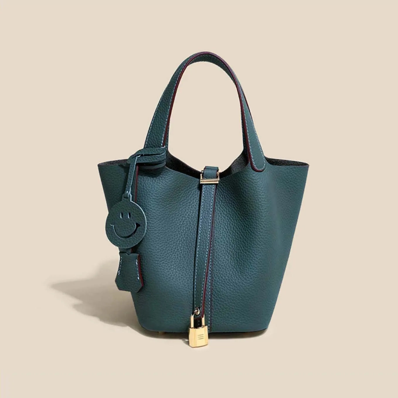 Genuine Cowhide Leather Bucket Bag - Fashion Lock Handbag with Phone Pocket | OWNLUXE