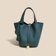 Genuine Cowhide Leather Bucket Bag - Fashion Lock Handbag with Phone Pocket | OWNLUXE