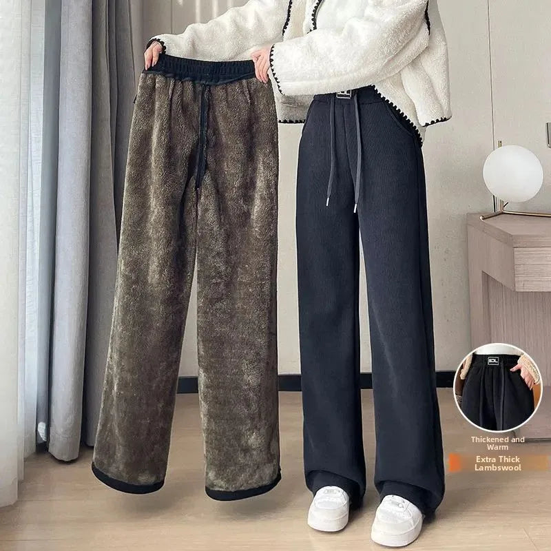 Women's Lamb Velvet Wide Leg Pants - Fleece Lined Winter Trousers