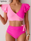 Patchwork Ruffle V-Neck High-Waist Bikini Set | OWNLUXE
