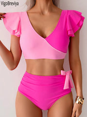 Patchwork Ruffle V-Neck High-Waist Bikini Set | OWNLUXE