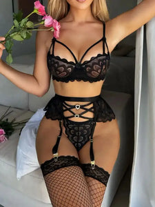 Sexy Women's Lace Transparent Underwear Brief Set with Push-Up Bra